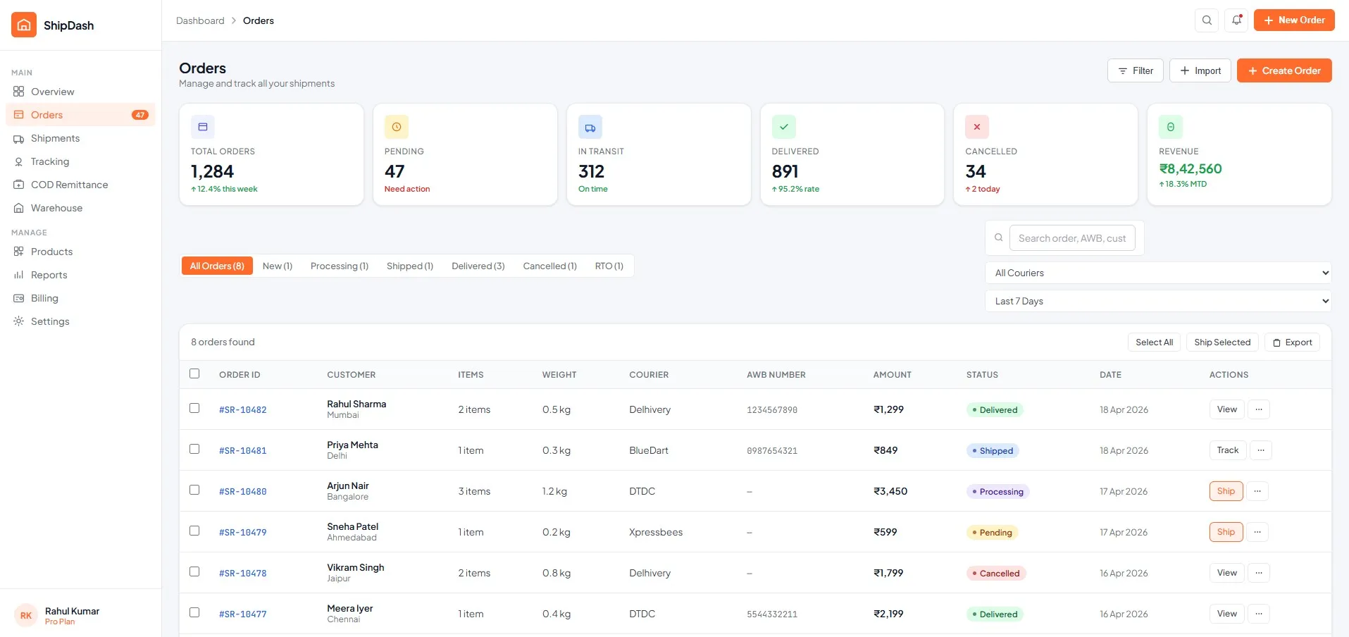 ShipDash dashboard