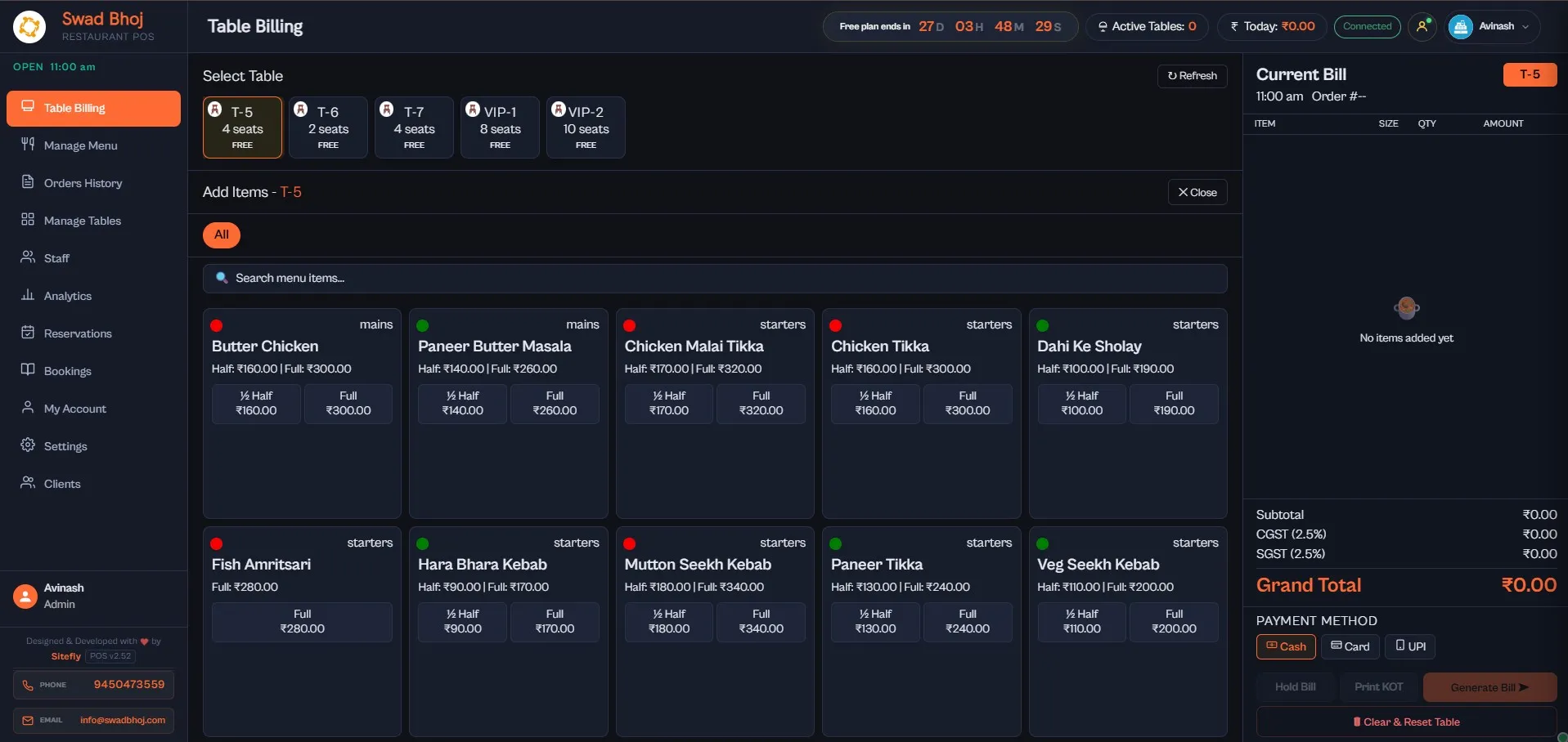 Swad Bhoj dashboard